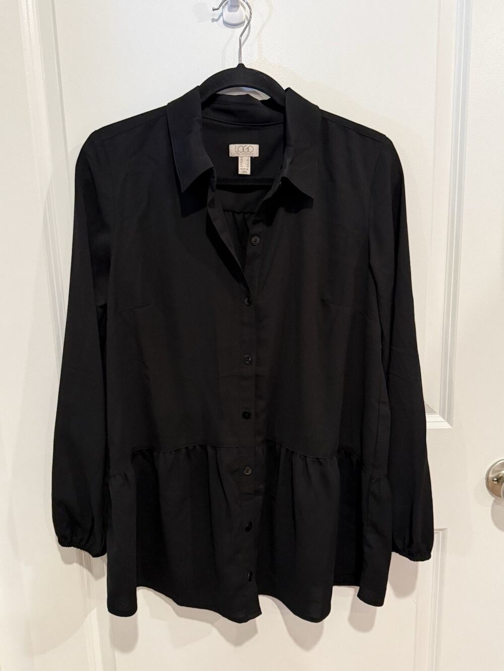 LOGO by Lori Goldstein Solid Black Button Up Blouse, Size Small Lagenlook